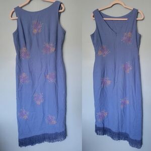 Nicole Studio Linen Blend Beaded Fringe Hem Dress Blue Size 10